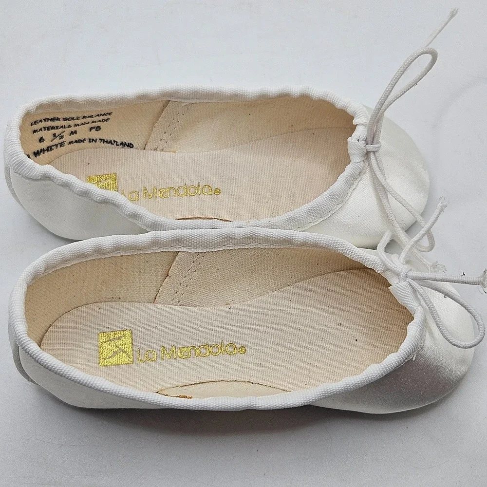 La Mendola Toddler Ballet Slippers 6.5 M White Satin Leather Sole Dance Shoes